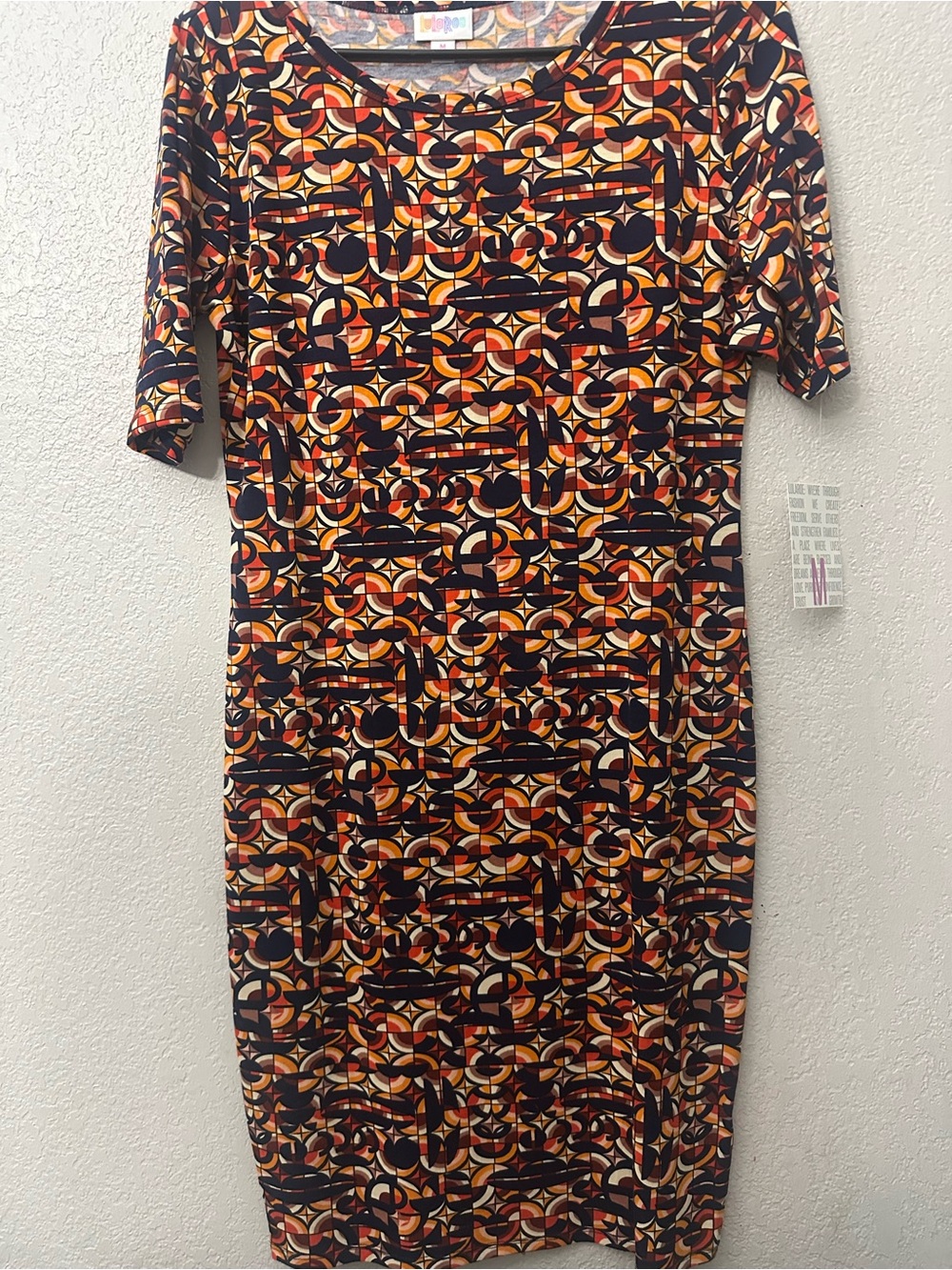 LuLaRoe Geometric Midi Dress in Black, Orange & Cream